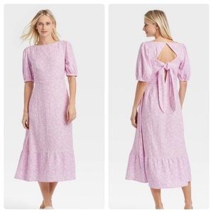 NWT Who What Wear Linen Blend Purple Floral Print Tie Back Cut Out Dress